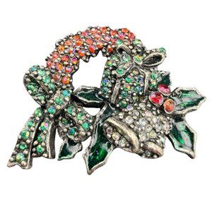 Vintage‎ Rhinestone Christmas Wreath Pin Brooch Holiday Bells Bow Multicolor